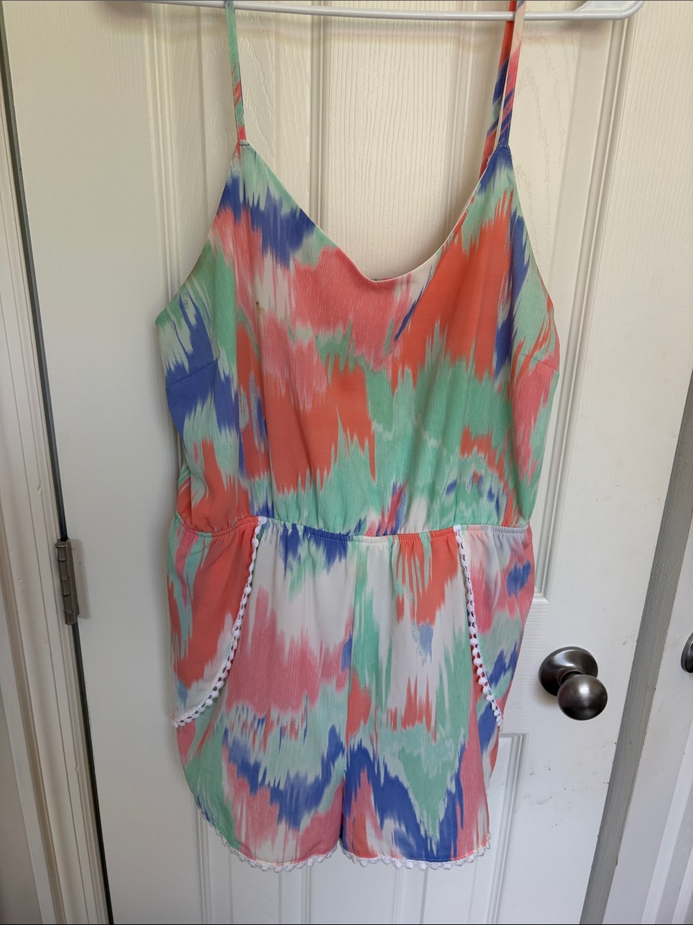 Charlotte Russe Coral, Mint & Blue Abstract Print Romper